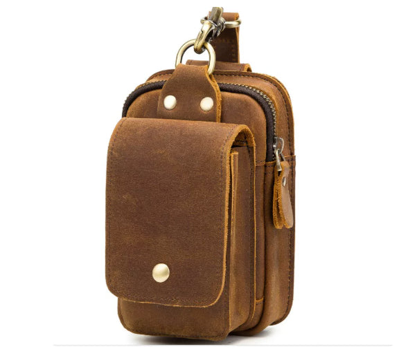 Retro Top Layer Cowhide Phone Bag, Crazy Horse Leather Men's Belt Waist Bag