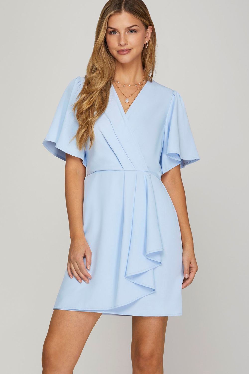 Ruffled Surplice Short Flutter Sleeve Mini Dress For Women – Playful and Feminine Surplice Mini Dress with Flutter Sleeves