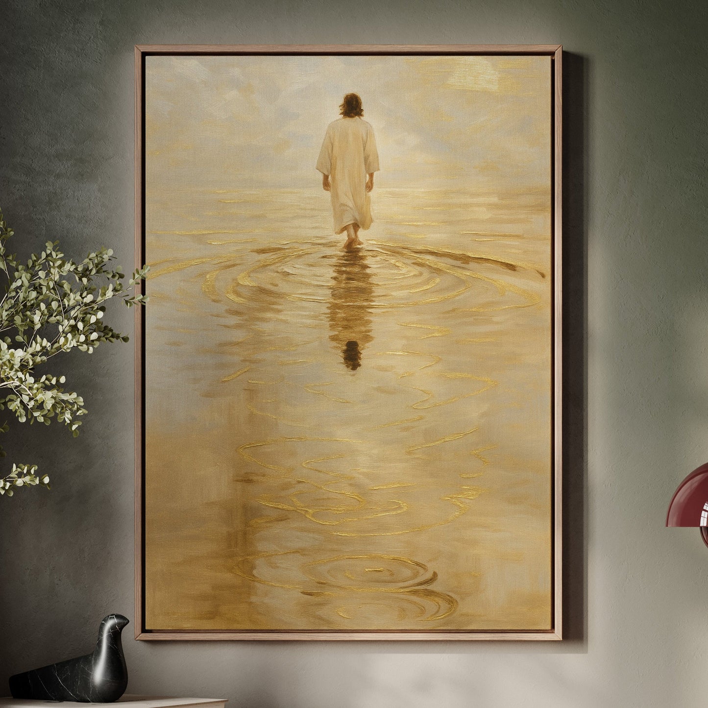 Goldenes Licht Jesus geht auf dem Wasser