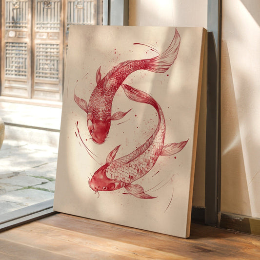 Décoration murale carpe koï – Estampe japonaise minimaliste à l'encre, Décoration zen