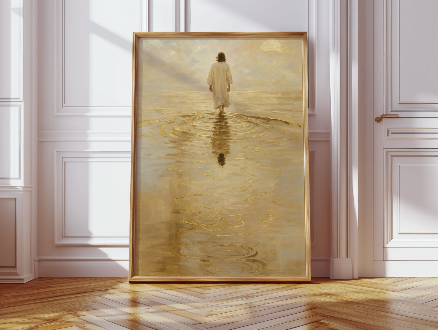 Goldenes Licht Jesus geht auf dem Wasser