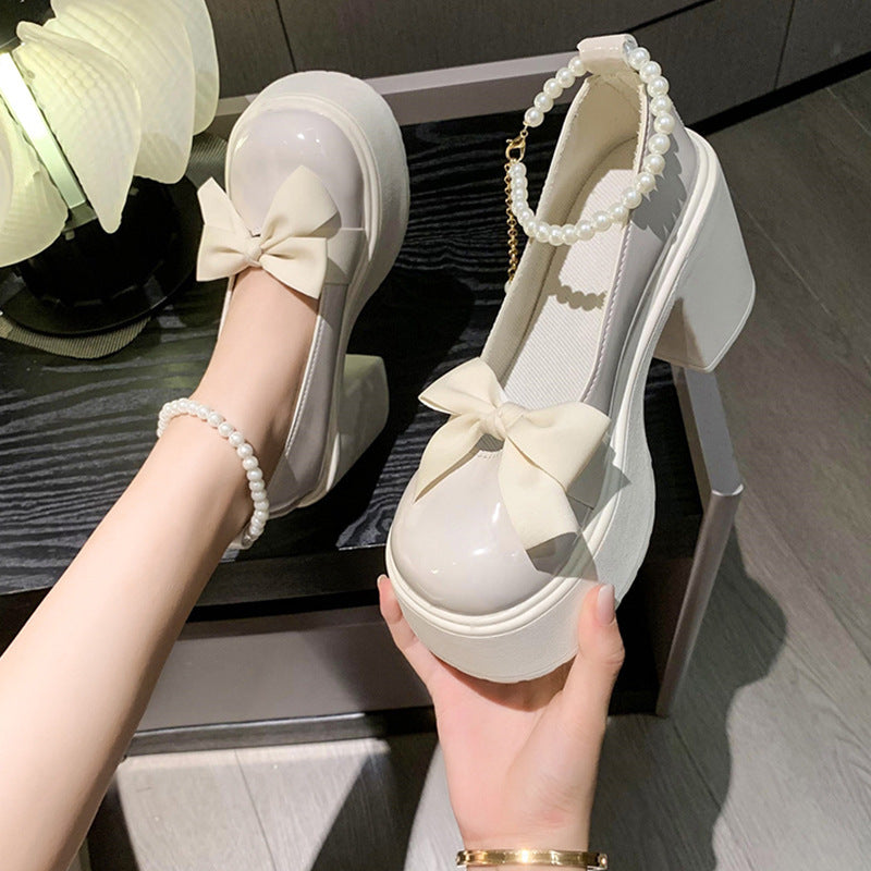 Pearl Bow High-heeled Leather Shoes