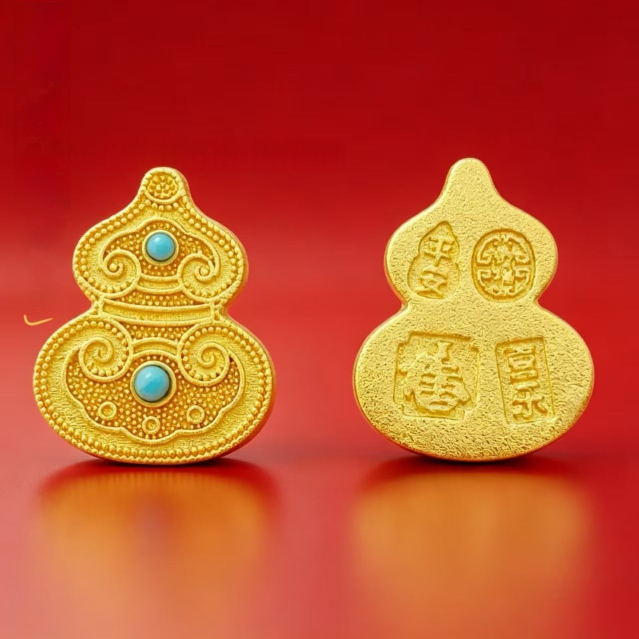 Alluvial Gold Filigree Inlaid With Turquoise Butterfly And Gourd-shaped Loose Beads