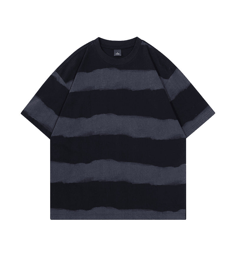 Tie-dye Washed Striped Short-Sleeve Mens Cotton T-Shirt