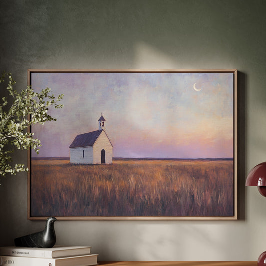 Prairie Moon Chapel Canvas – Minimalist Country Church Wall Art