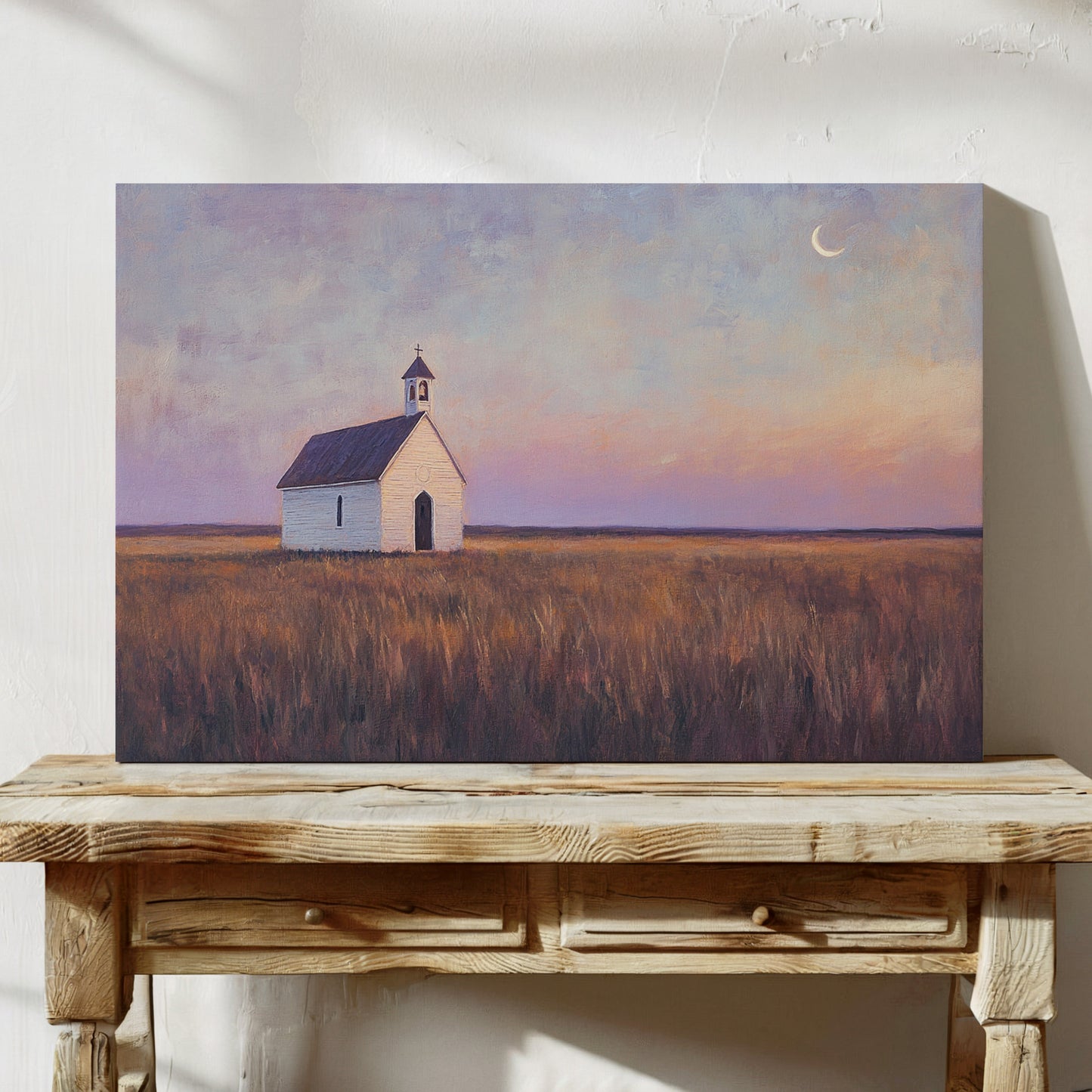 Prairie Moon Chapel Canvas – Minimalist Country Church Wall Art