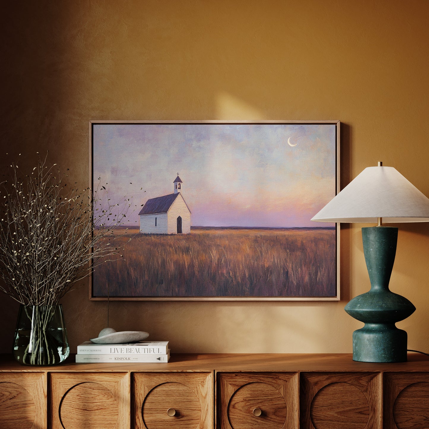 Prairie Moon Chapel Canvas – Minimalist Country Church Wall Art