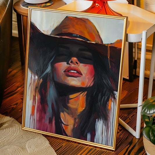 Toile de cow-girl "Flamme du désert" – Art mural audacieux femme western