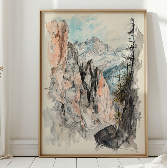Alpine Canyon Watercolor Print – Mountain Cliff Wall Art
