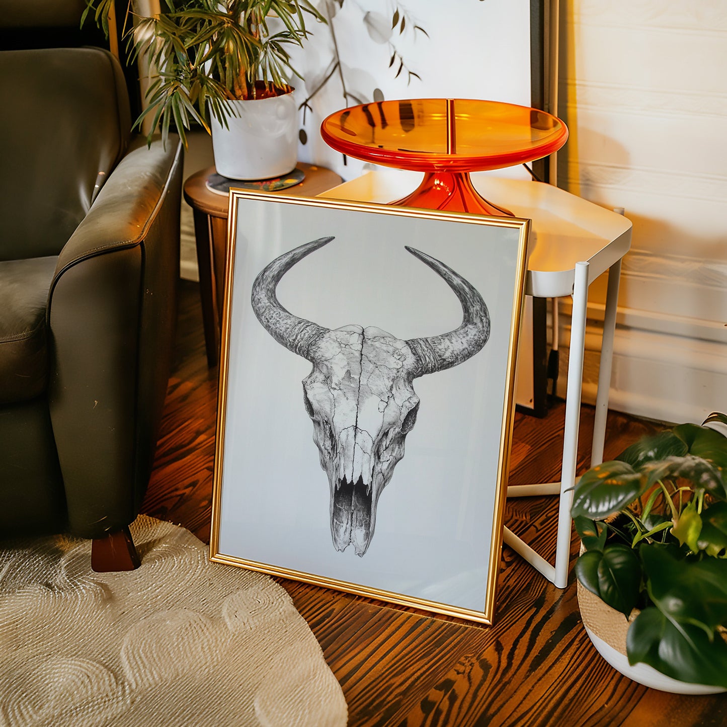Western Bullenschädel Linienkunst-Druck – Rustikale Cowboy Wanddekoration