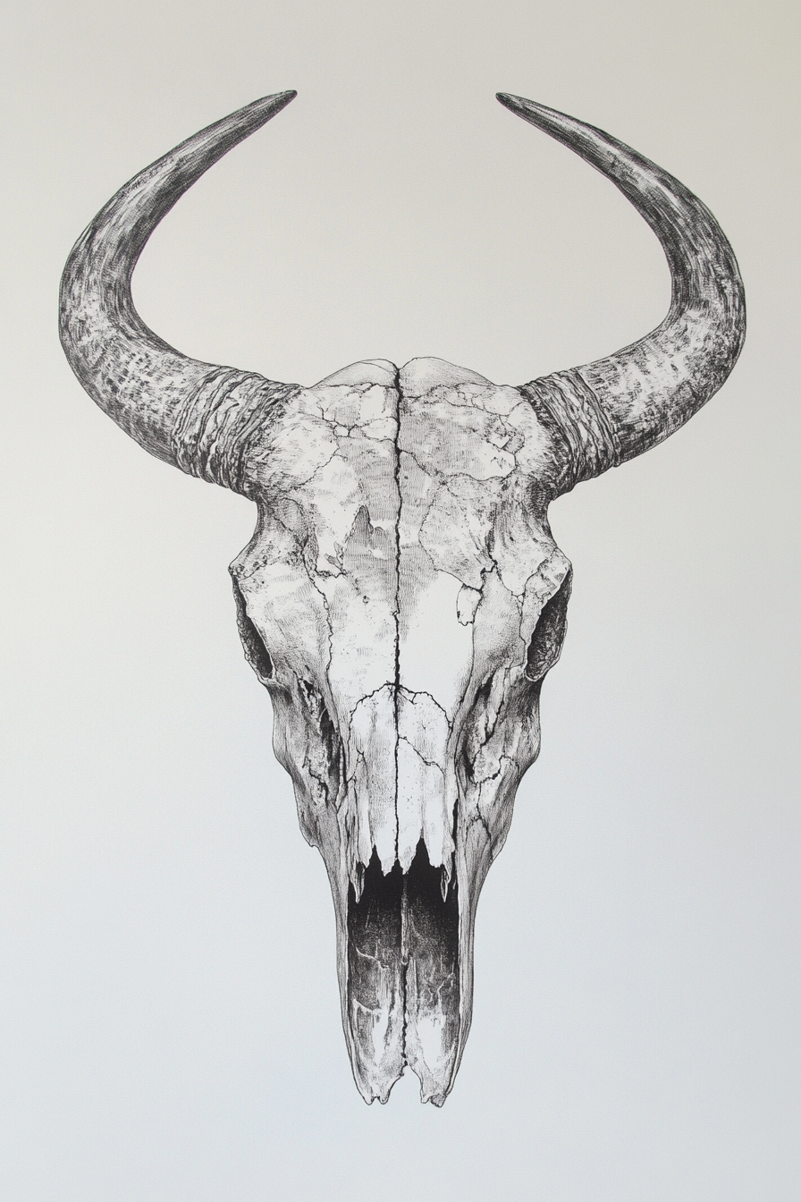 Western Bullenschädel Linienkunst-Druck – Rustikale Cowboy Wanddekoration