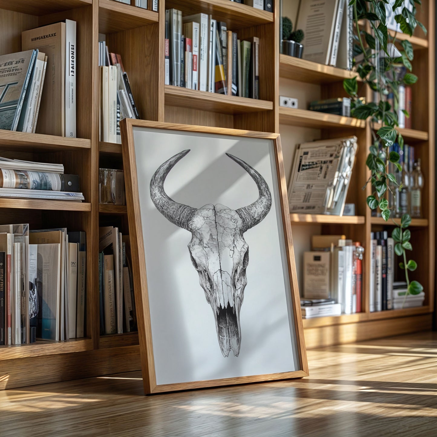 Western Bullenschädel Linienkunst-Druck – Rustikale Cowboy Wanddekoration