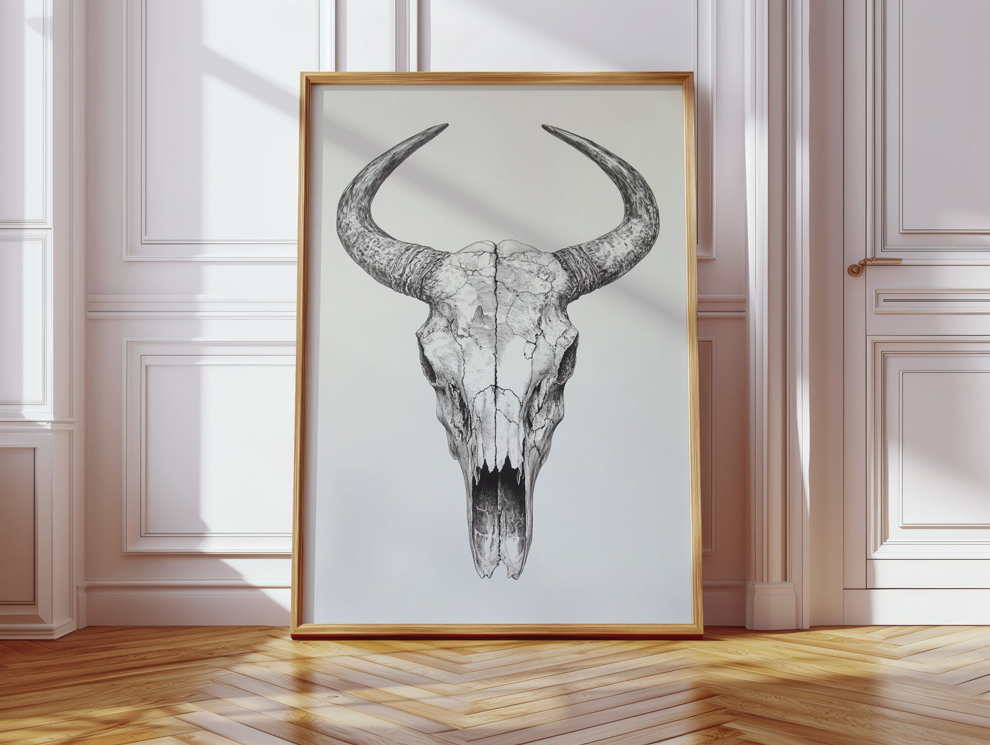 Western Bullenschädel Linienkunst-Druck – Rustikale Cowboy Wanddekoration