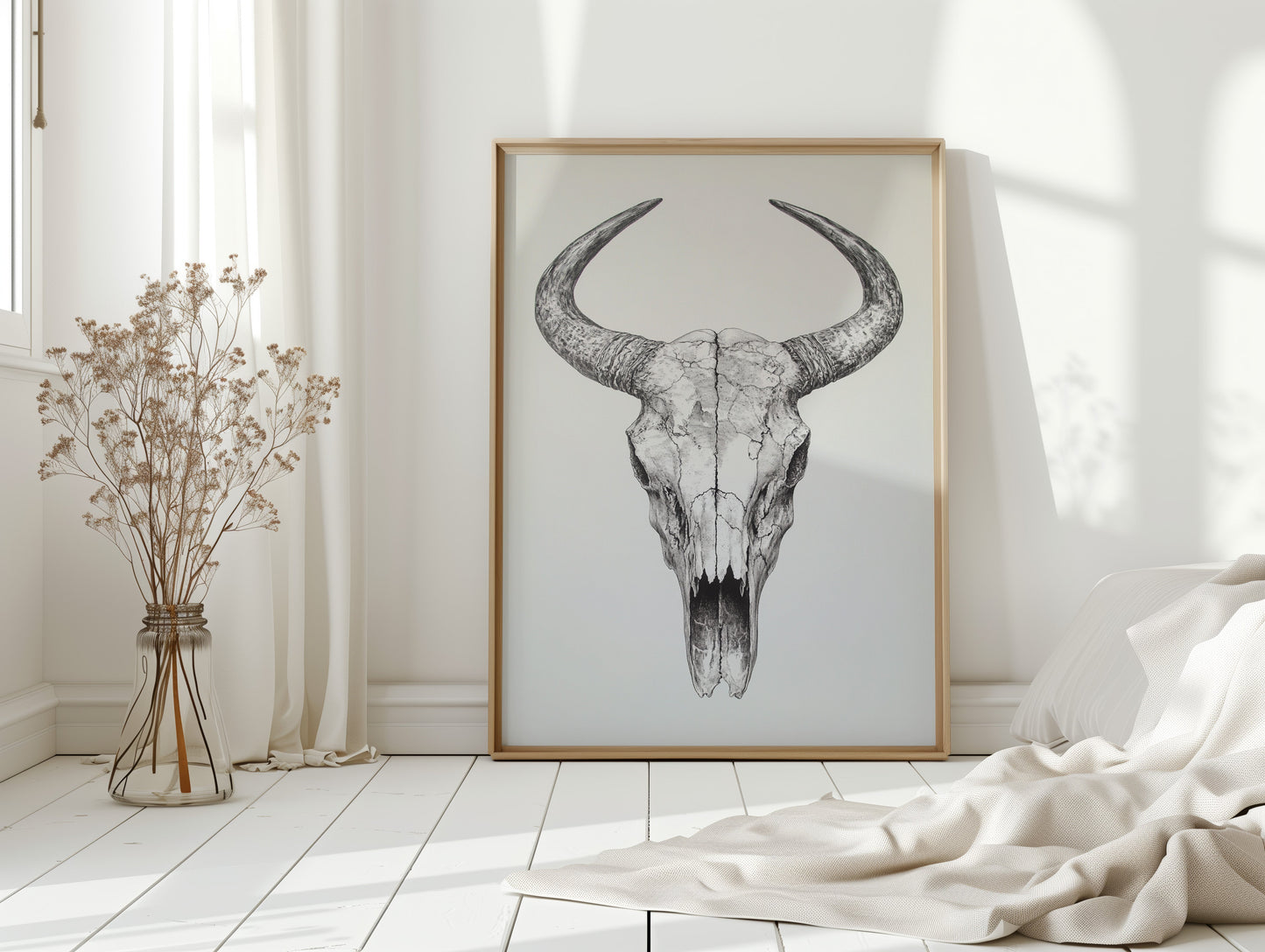 Western Bullenschädel Linienkunst-Druck – Rustikale Cowboy Wanddekoration