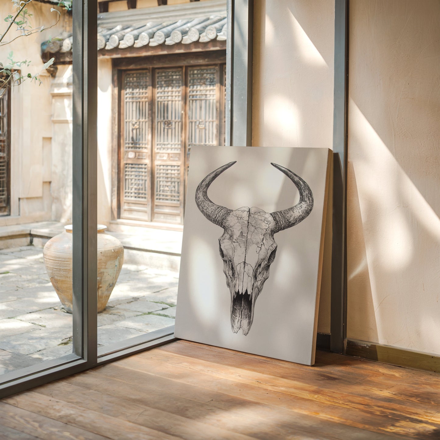 Western Bullenschädel Linienkunst-Druck – Rustikale Cowboy Wanddekoration