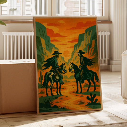 Skeleton Riders at Sundown – Surreal Western Desert Cowboy Art Print