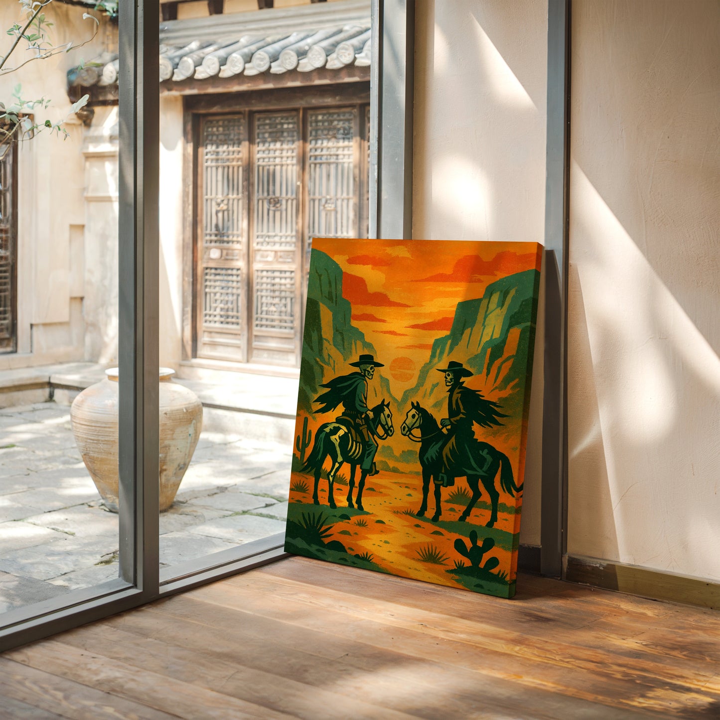 Skelettreiter bei Sonnenuntergang – Surreale Western-Wüsten-Cowboy-Kunstdruck
