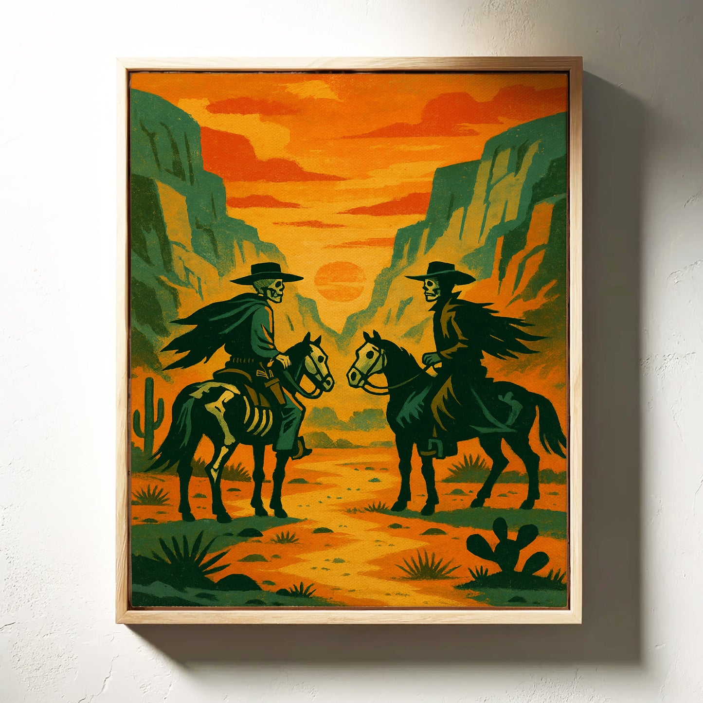 Skelettreiter bei Sonnenuntergang – Surreale Western-Wüsten-Cowboy-Kunstdruck