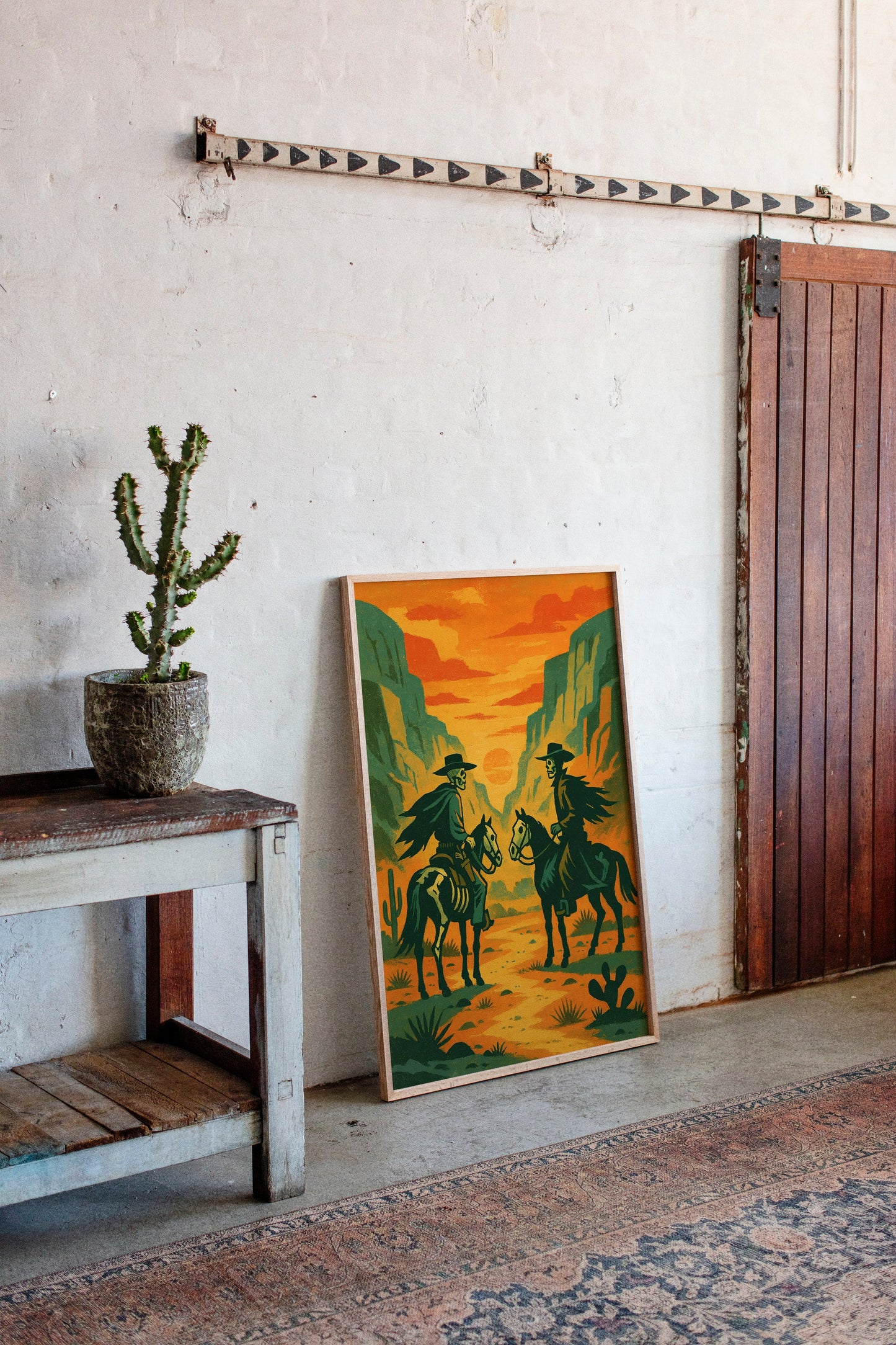 Skelettreiter bei Sonnenuntergang – Surreale Western-Wüsten-Cowboy-Kunstdruck