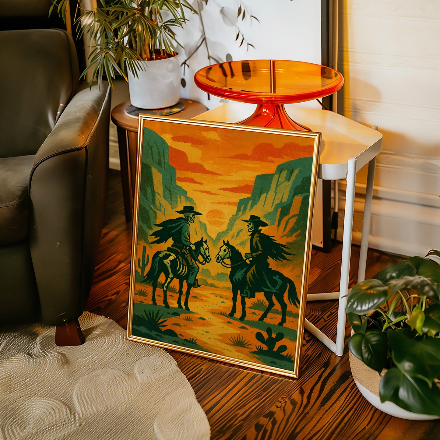 Skelettreiter bei Sonnenuntergang – Surreale Western-Wüsten-Cowboy-Kunstdruck