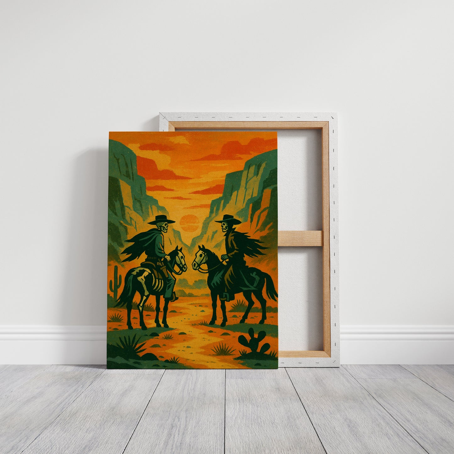 Skelettreiter bei Sonnenuntergang – Surreale Western-Wüsten-Cowboy-Kunstdruck