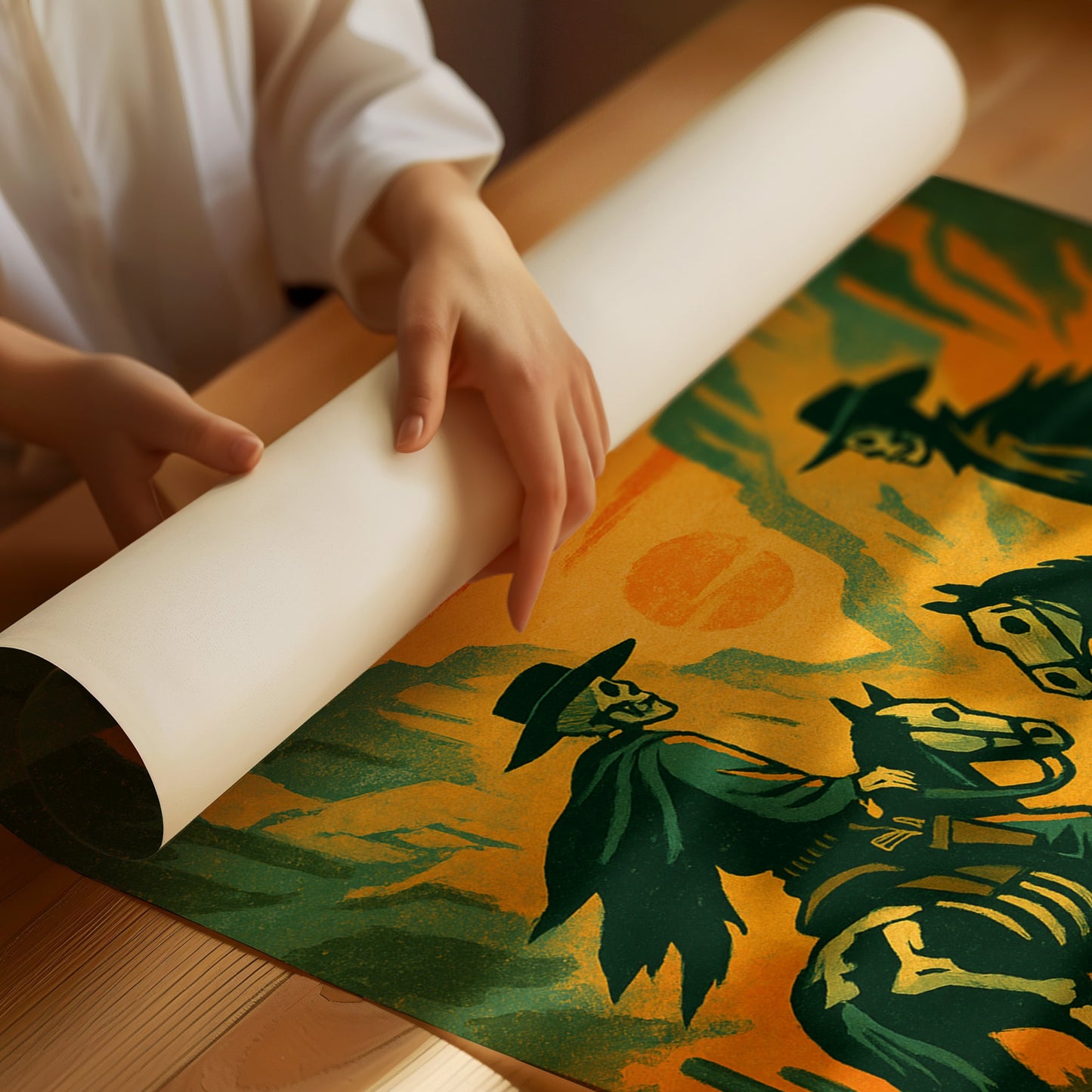 Skelettreiter bei Sonnenuntergang – Surreale Western-Wüsten-Cowboy-Kunstdruck