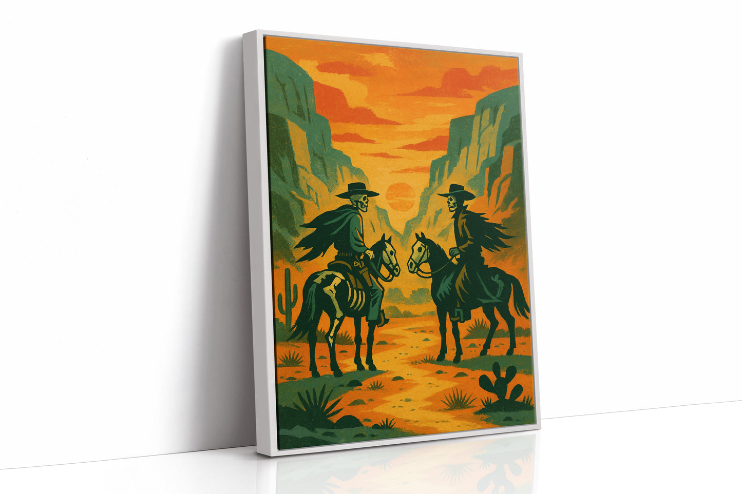 Skelettreiter bei Sonnenuntergang – Surreale Western-Wüsten-Cowboy-Kunstdruck