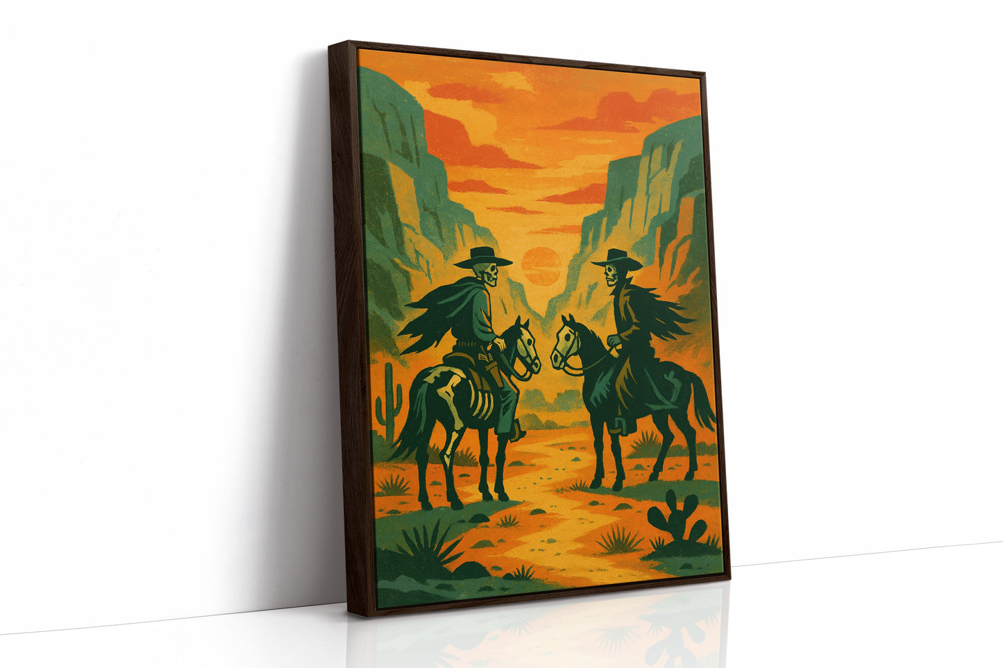 Skelettreiter bei Sonnenuntergang – Surreale Western-Wüsten-Cowboy-Kunstdruck