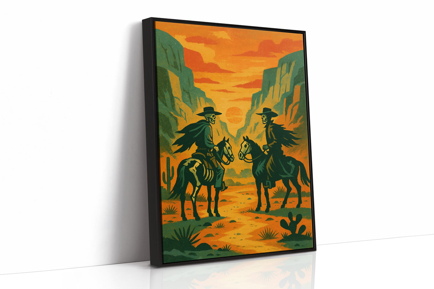 Skelettreiter bei Sonnenuntergang – Surreale Western-Wüsten-Cowboy-Kunstdruck