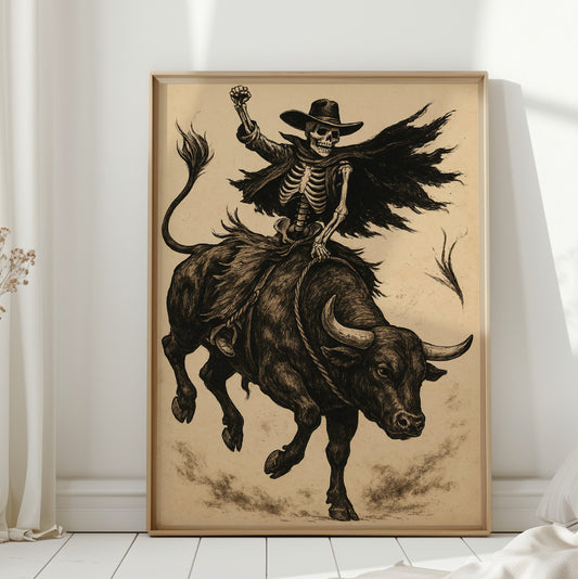 Skeleton Bull Rider – Vintage Western Rodeo Skull Art Print