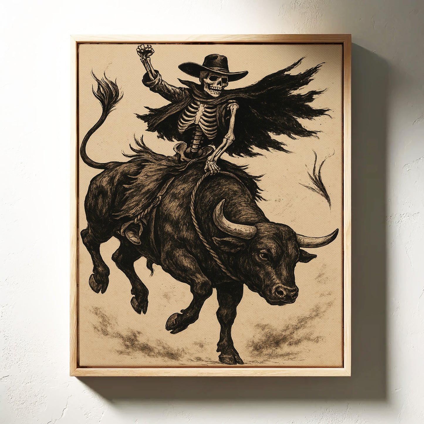 Skeleton Bull Rider – Vintage Western Rodeo Skull Art Print