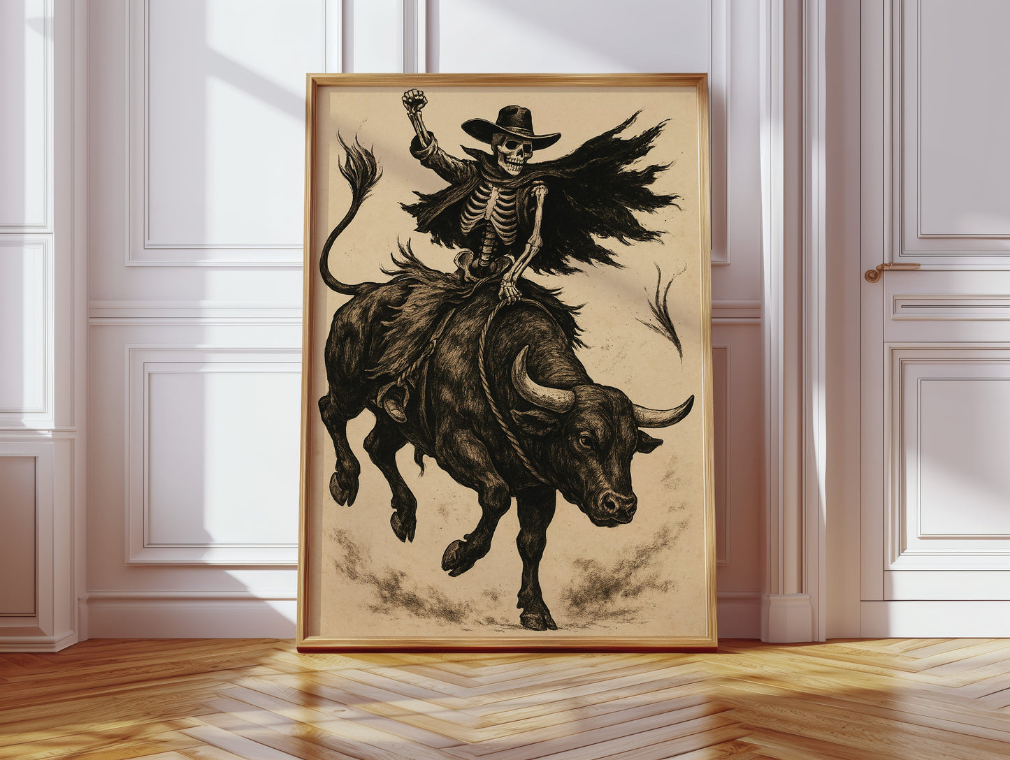 Skeleton Bull Rider – Vintage Western Rodeo Skull Art Print
