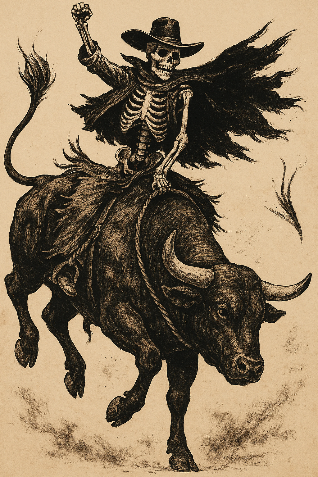 Skeleton Bull Rider – Vintage Western Rodeo Skull Art Print
