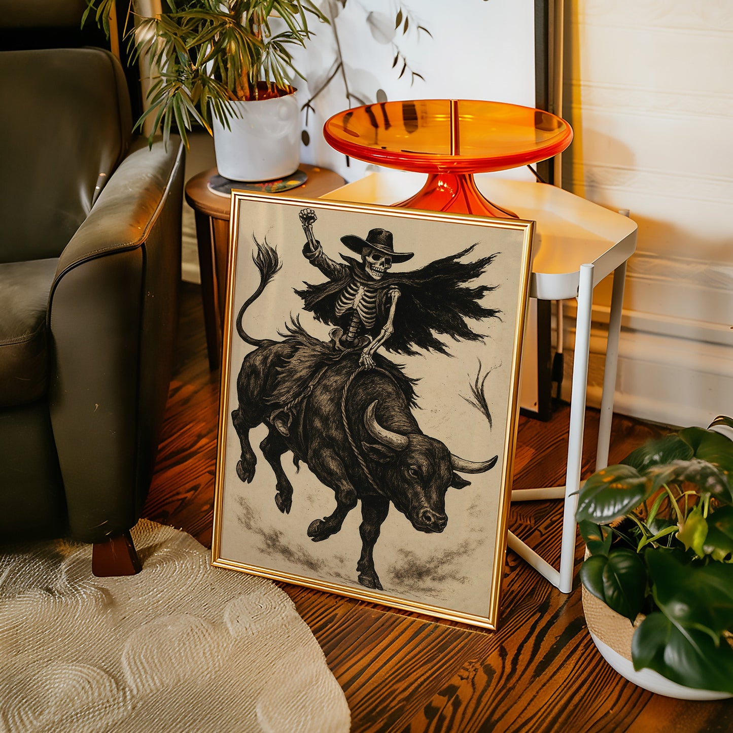 Skeleton Bull Rider – Vintage Western Rodeo Skull Art Print