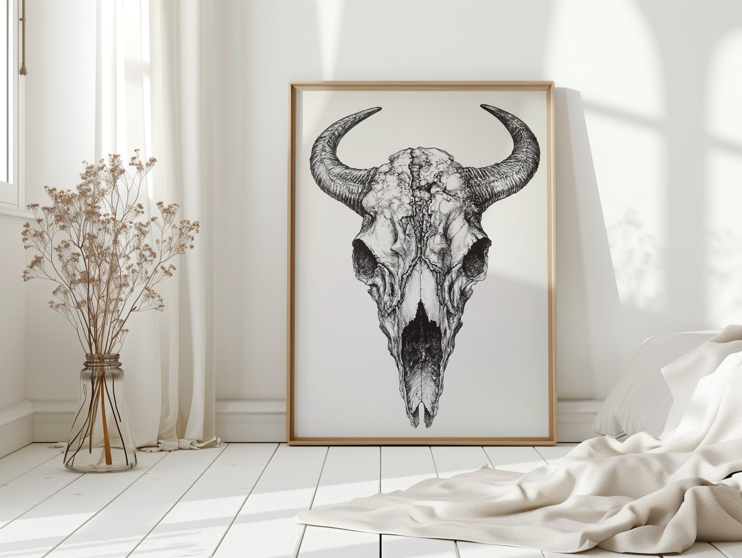 Western Bison Skull – Black Ink Rustic Wall Art
