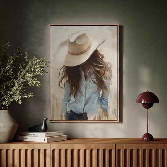 Cowgirl in Blue – Soft Western Elegance Canvas Print