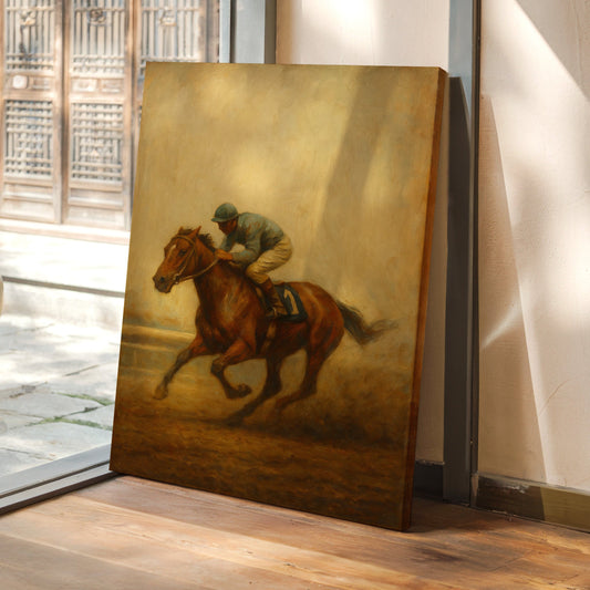 « Dernière ligne droite » – Impression sur toile d'une peinture à l'huile hippique vintage