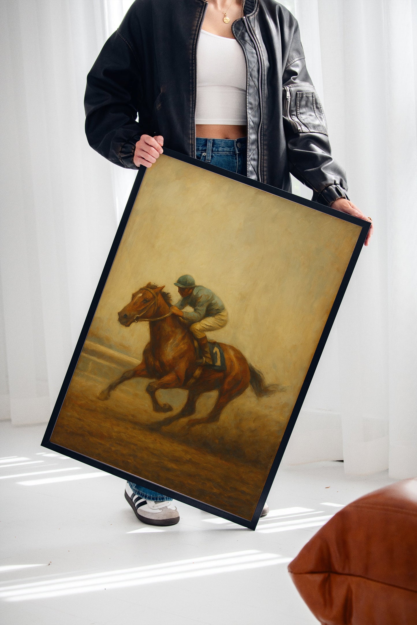 „Zielgerade“ – Vintage Ölgemälde-Druck mit Pferderennen