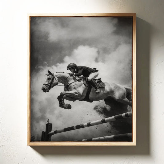 « Temps d'antenne » – Impression photographique de saut d'obstacles en noir et blanc