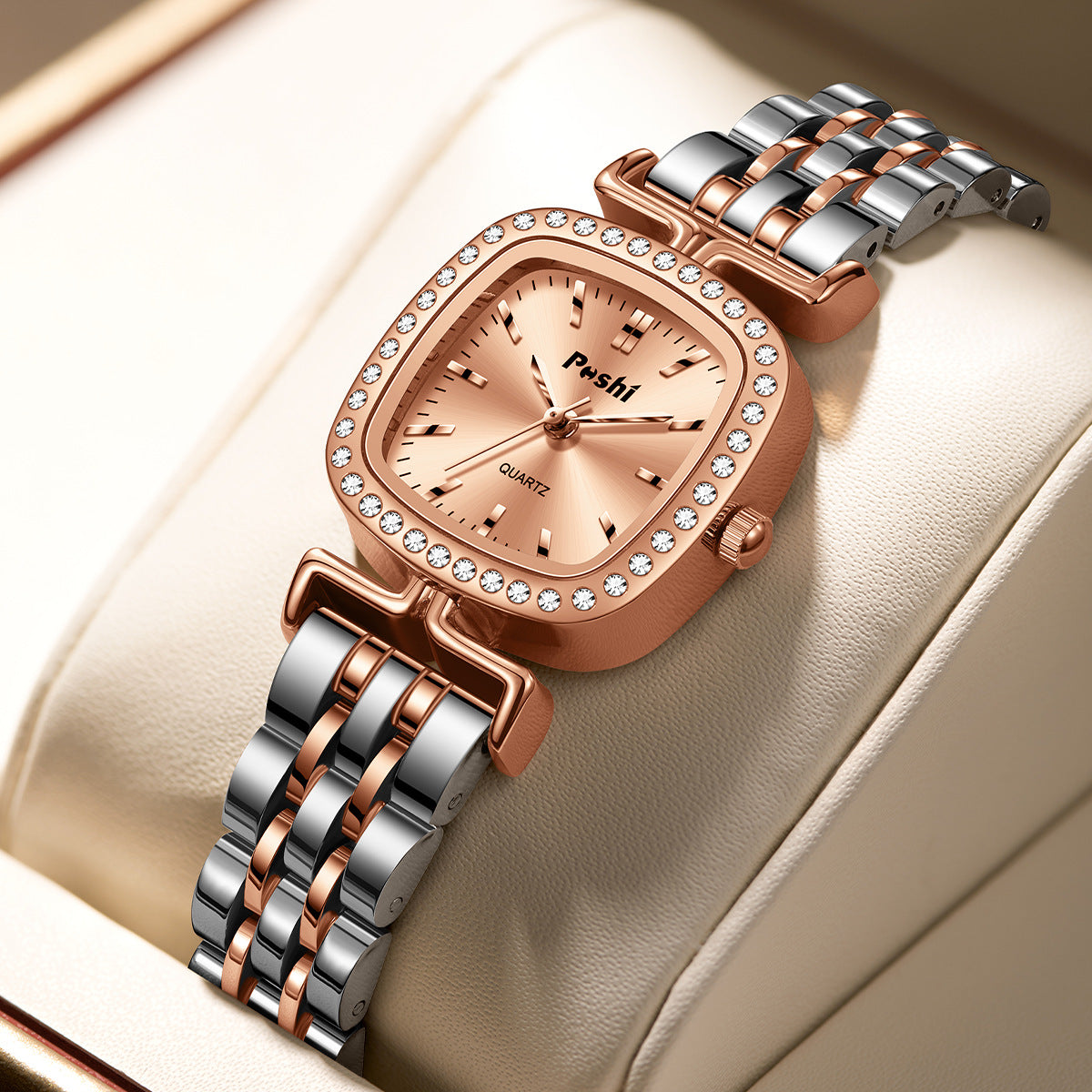 Diamond-encrusted Dial Oval-shaped Steel Bracelet Quartz Womens Watch