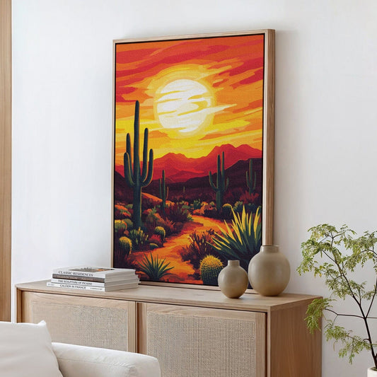 Wüsten-Sonnenuntergang Kaktus-Druck – Lebendige südwestliche Wandkunst