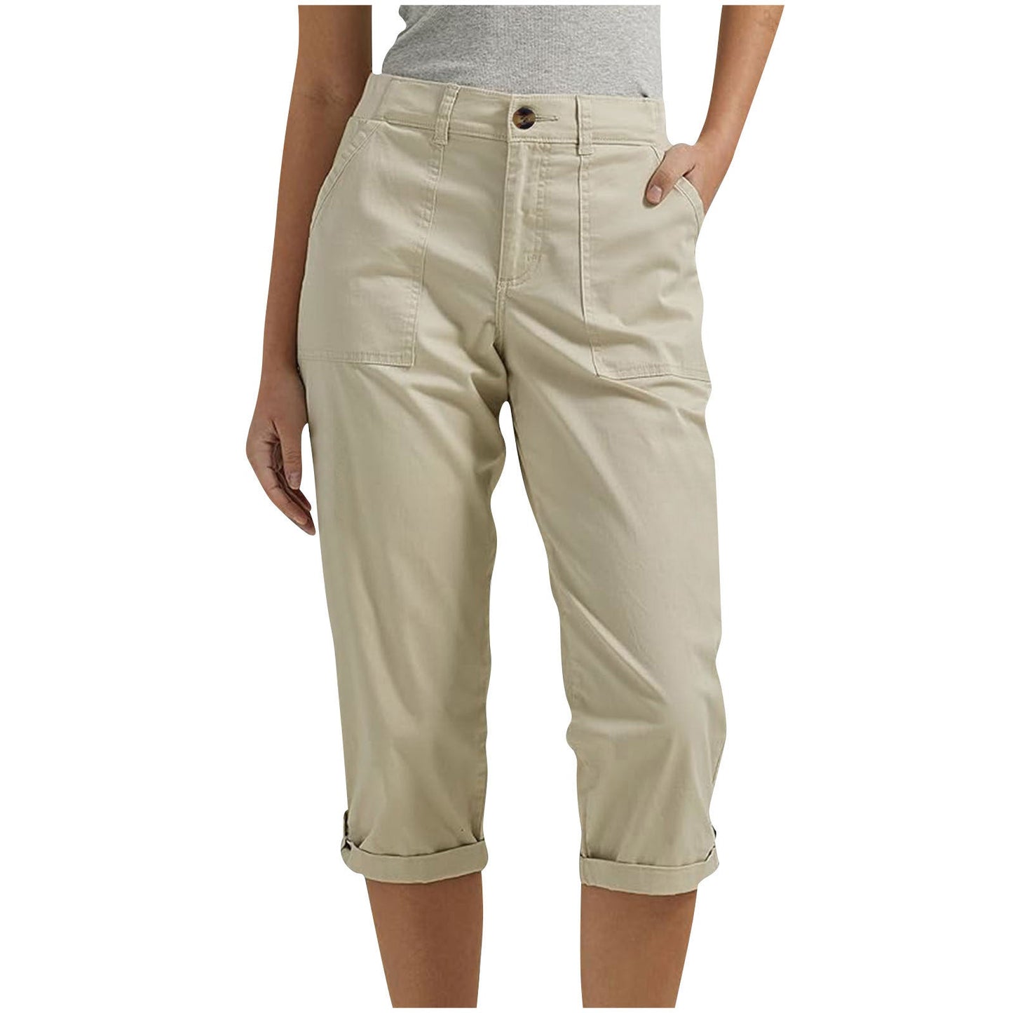 Cross-border Women's Solid Color Workwear Pants Waist Button Pants Ear Design Pants Leg Curled Women's Cropped Pants