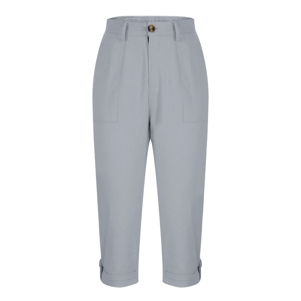 Womens Solid-color Buttoned Roll-up Capri Pants