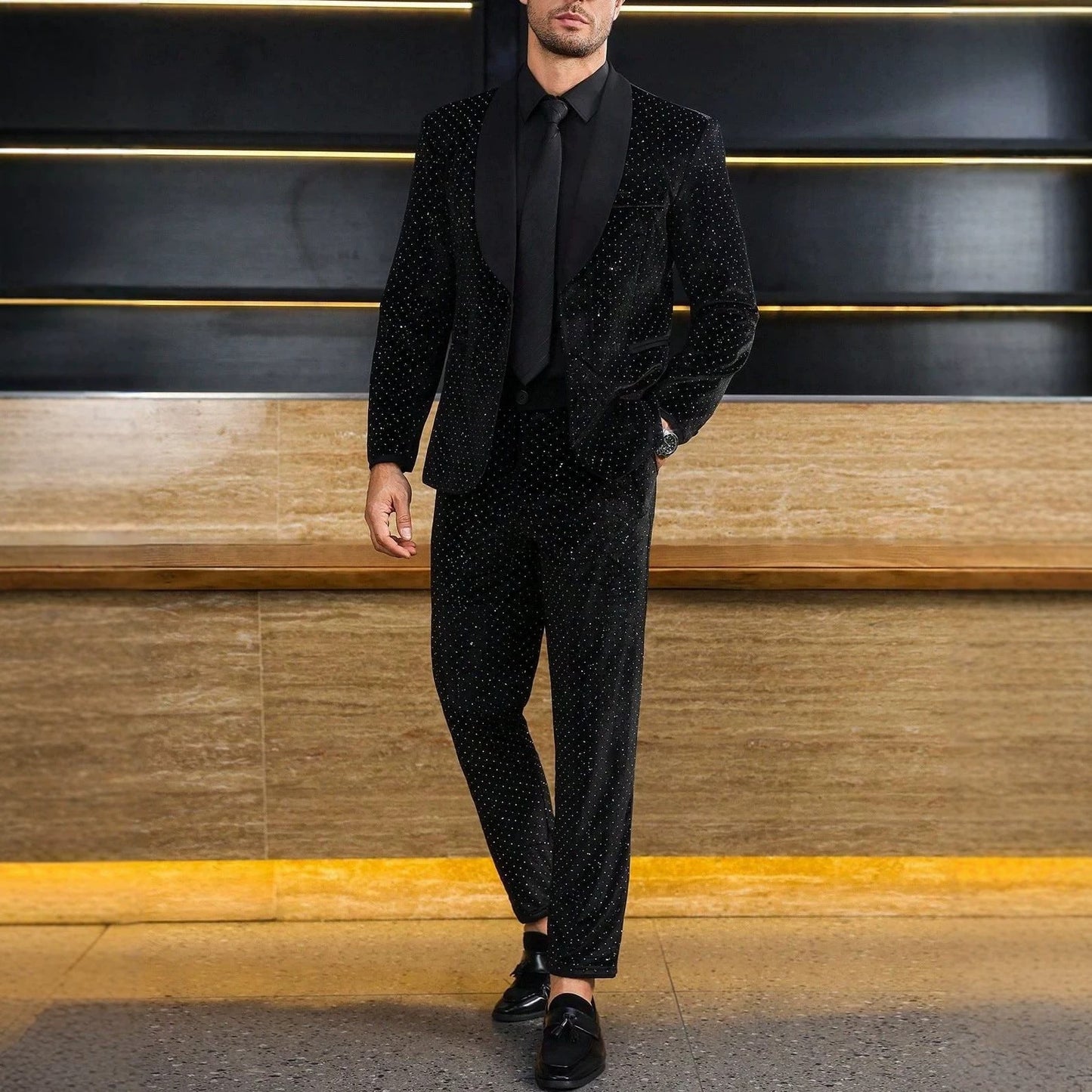 Mens Black Formal Suit Set With Subtle Glitter