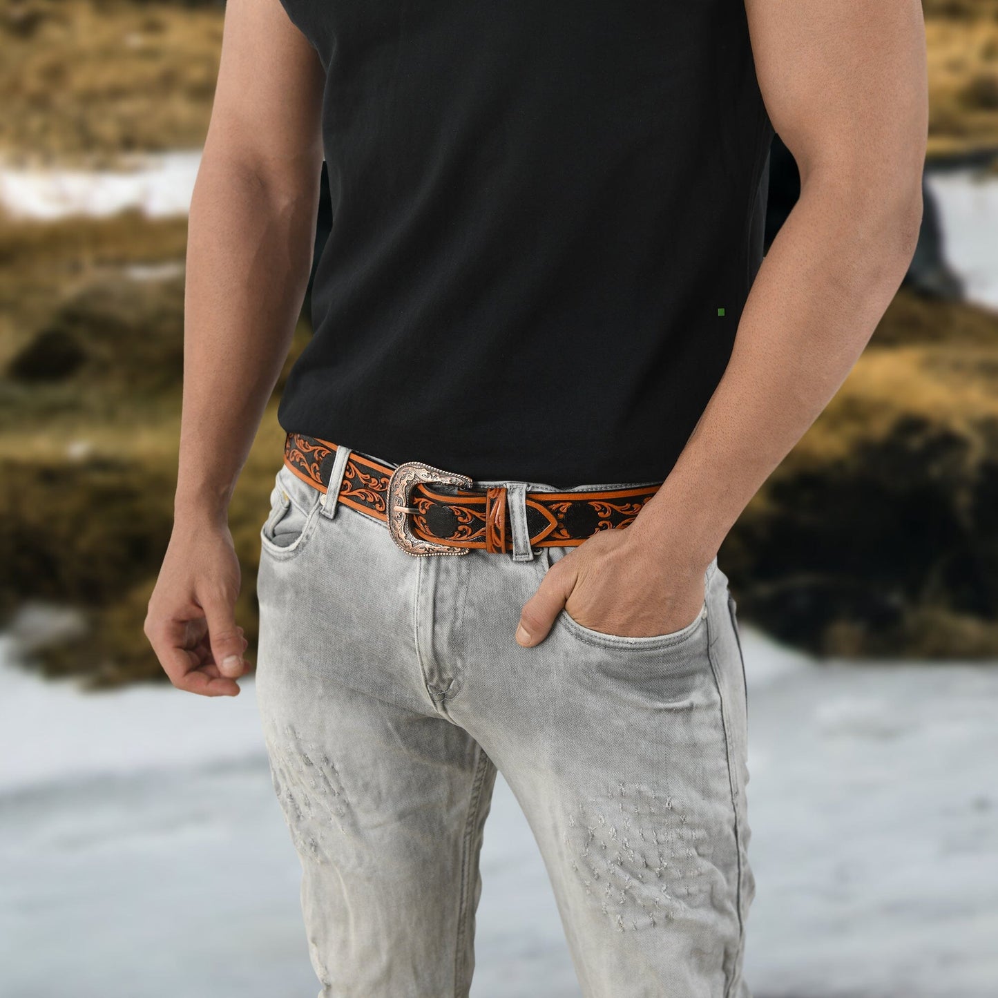 Ceinture en cuir de cowboy - Noir et marron