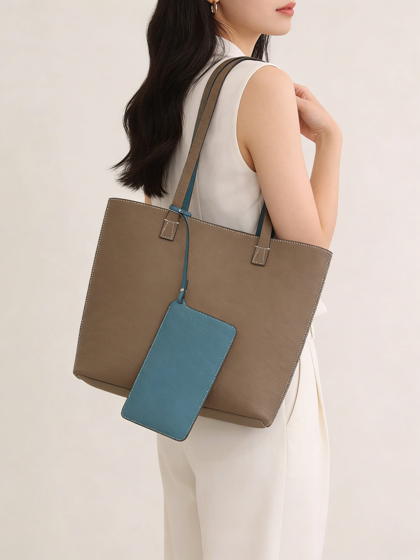 2026 New Korean Style Double-Sided Shoulder Bag TC Top Layer Cowhide Bucket Bag Large Capacity Open-Top Underarm Bag