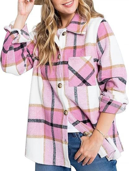 Womens Woolen Plaid Pocket Shirt Casual Jacket