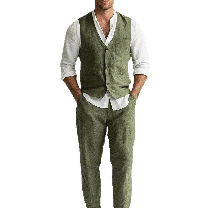 New AutumnWinter Mens Retro-Style Button Vest Jacket And Casual Trousers Set