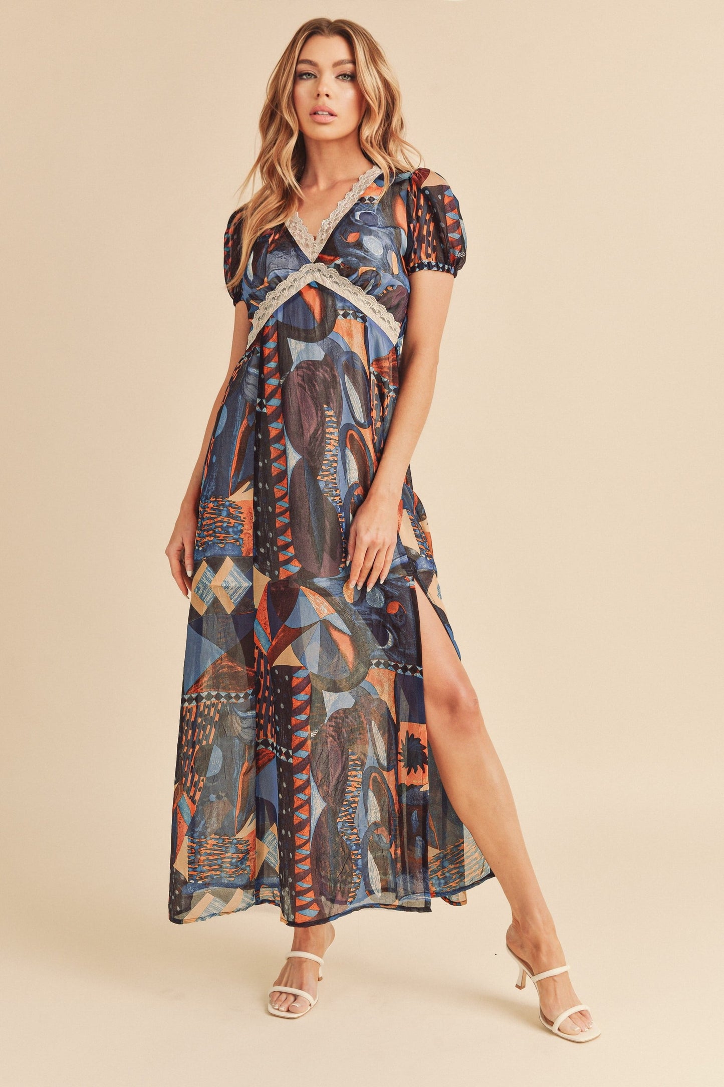 Lace Detail Slit Geometric Print Short Sleeve Comfortable Maxi Dress For Women, Elegant Lace, Alluring Slit, Sophisticated Geometric Print for Casual & Dressy Occasions