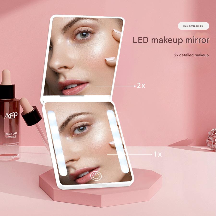 Compact Double-Sided Folding Makeup Mirror Handheld Portable LED Light For Touch-Ups
